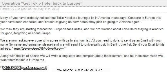 Intorceti-va in Europa - Deci,fanii din Europa au inceput o actie.Dupa - Tokio Hotel